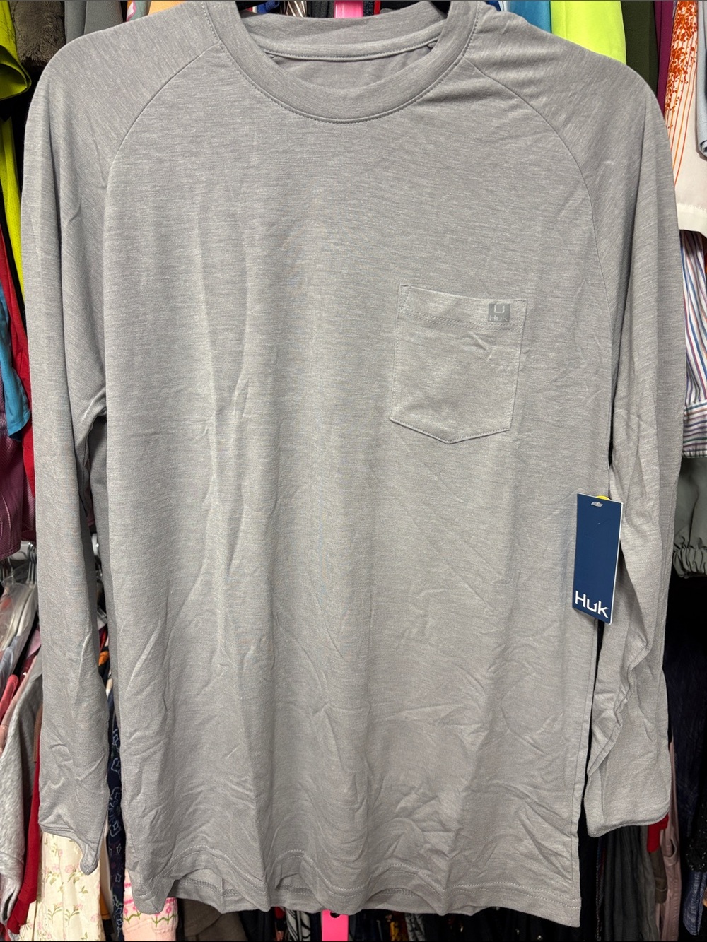 Huk Men’s size Small Solid Gray Long Sleeve Pocket Waypoint T-Shirt UPF50+ $50